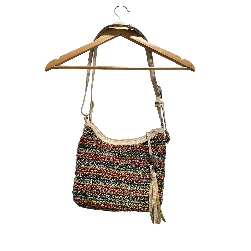 Brighton Straw Hobo Bag Multi Color Woven Shoulder Bag Leather Trim Heart Tassel